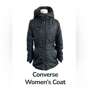 Y2K Converse One Star Women’s Black Hooded Jacket Puffer Coat size Small (D67)‎